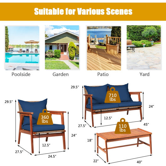 4 Piece Acacia Wood Patio Rattan Furniture Set-Navy