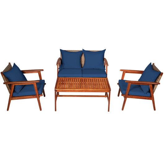 4 Piece Acacia Wood Patio Rattan Furniture Set-Navy
