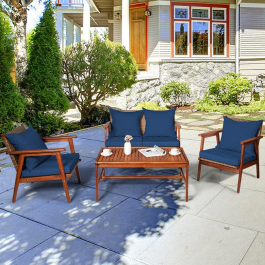 4 Piece Acacia Wood Patio Rattan Furniture Set-Navy