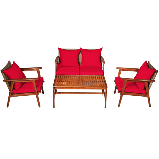 4 Piece Acacia Wood Patio Rattan Furniture Set-Red