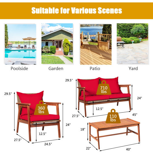 4 Piece Acacia Wood Patio Rattan Furniture Set-Red