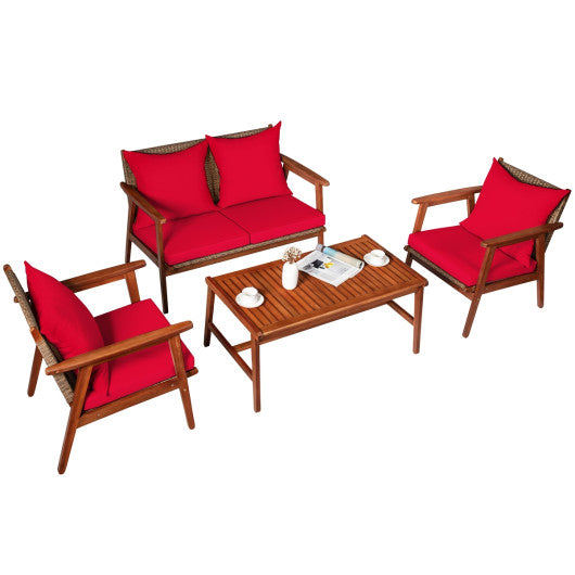 4 Piece Acacia Wood Patio Rattan Furniture Set-Red