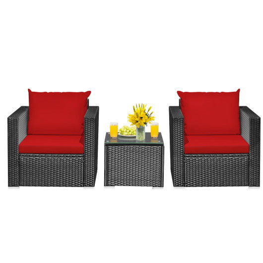 3 Pieces Patio Wicker Conversation Set with Cushion-Red