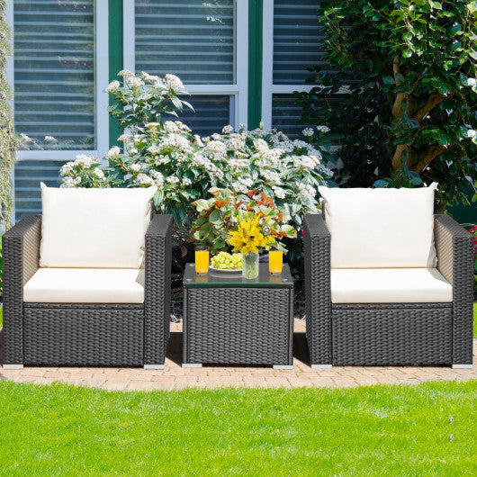 3 Pieces Patio Wicker Conversation Set with Cushion-White