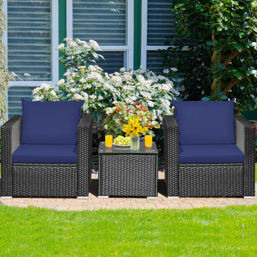 3 Pieces Patio Wicker Conversation Set with Cushion-Navy