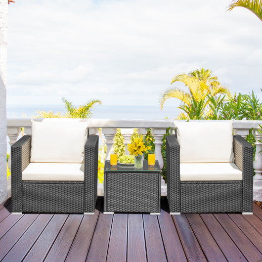 3 Pieces Patio Wicker Conversation Set with Cushion-White