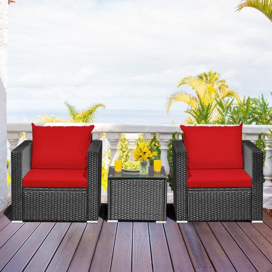 3 Pieces Patio Wicker Conversation Set with Cushion-Red