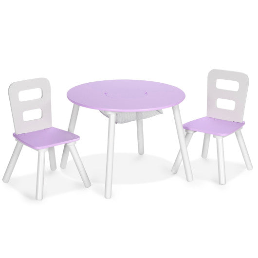 Wood Activity Kids Table and Chair Set with Center Mesh Storage for Snack Time and Homework-Purple