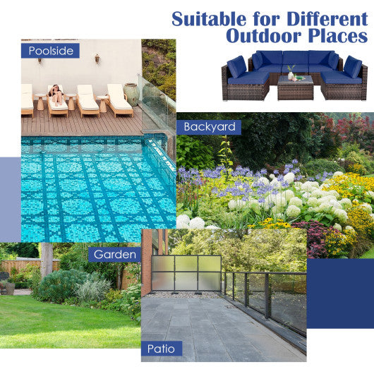 6 Pieces Patio Rattan Furniture Set with Cushions and Glass Coffee Table-Navy