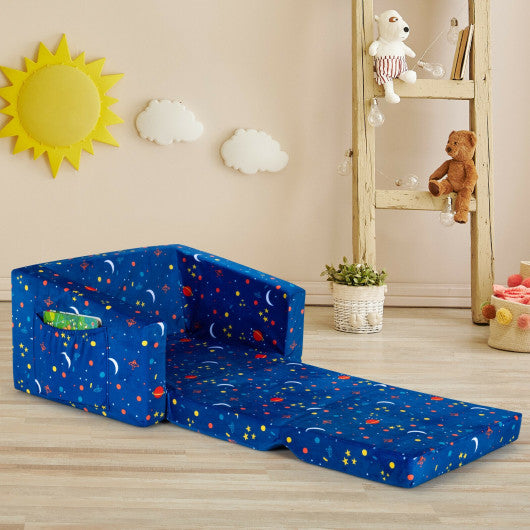 2-in-1 Convertible Kids Sofa with Velvet Fabric-Blue