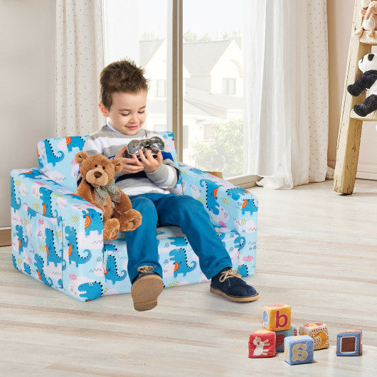2-in-1 Convertible Kids Sofa with Velvet Fabric-Light Blue