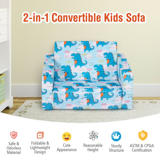 2-in-1 Convertible Kids Sofa with Velvet Fabric-Light Blue