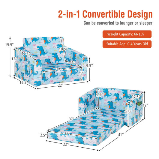 2-in-1 Convertible Kids Sofa with Velvet Fabric-Light Blue