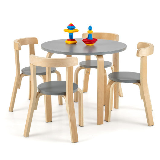 5-Piece Kids Wooden Curved Back Activity Table and Chair Set with Toy Bricks Grey