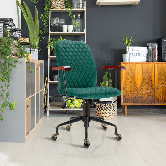 Velvet Home Office Chair with Wooden Armrest Green