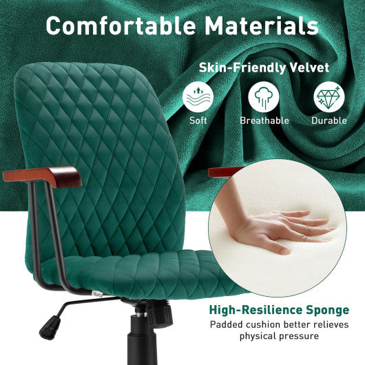 Velvet Home Office Chair with Wooden Armrest Green