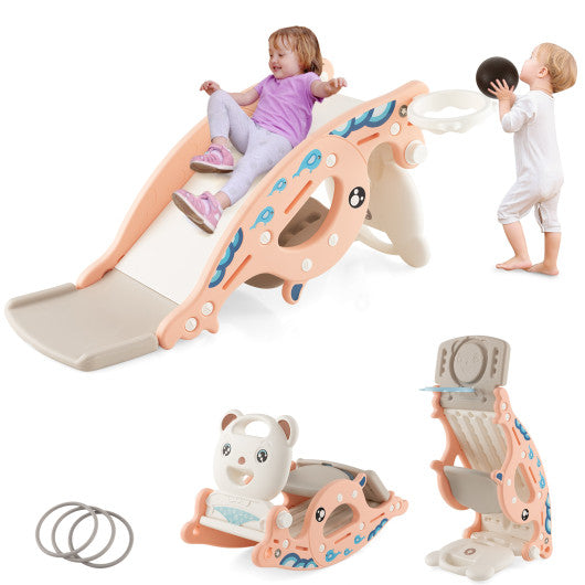 4-in-1 Kids Slide Rocking Horse with Basketball and Ring Toss-Pink