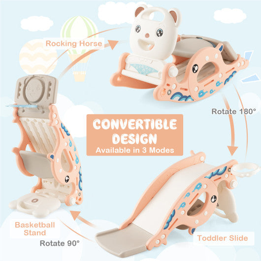4-in-1 Kids Slide Rocking Horse with Basketball and Ring Toss-Pink