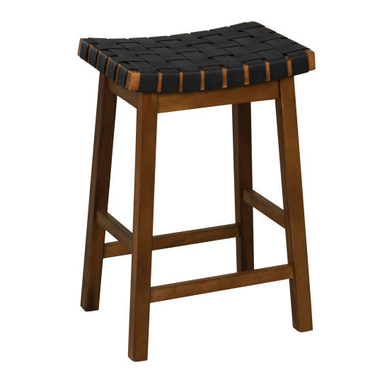 Faux PU Leather Bar Height Stools Set of 2 with Woven Curved Seat-25 Inches