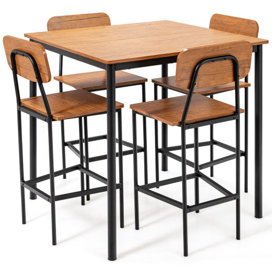 5-Piece Industrial Dining Table Set with Counter Height Table and 4 Bar Stools-Walnut