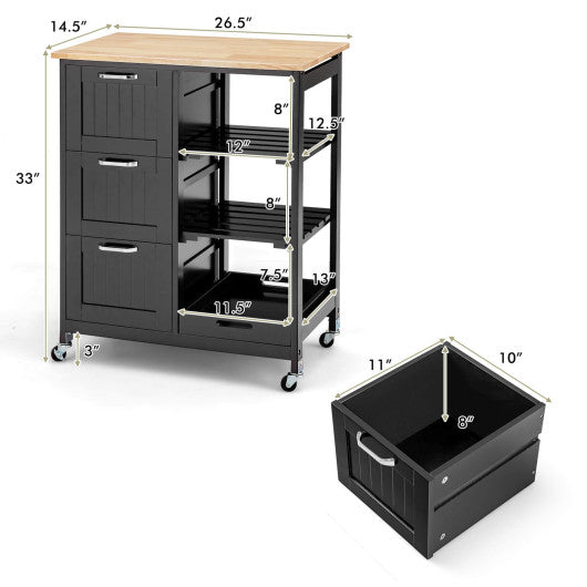 Rolling Kitchen Island Utility Storage Cart with 3 Large Drawers-Black