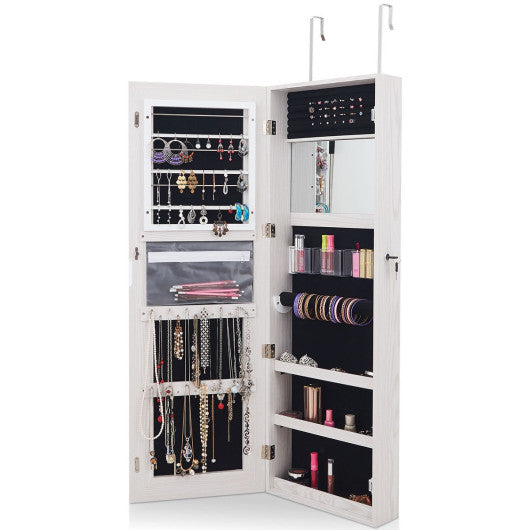 Mirrored Jewelry Armoire with Full Length Mirror and 2 Internal LED Lights-White