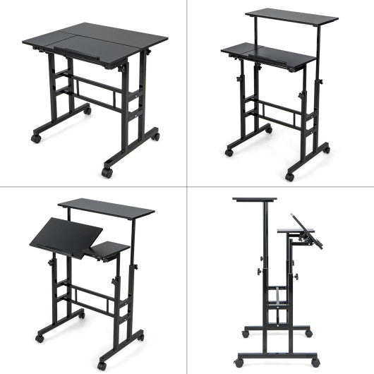 Mobile Stand up Computer Desk with 2 Tilting Desktops-Black
