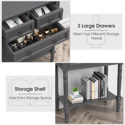 Narrow Console Table with 3 Storage Drawers and Open Bottom Shelf-Gray