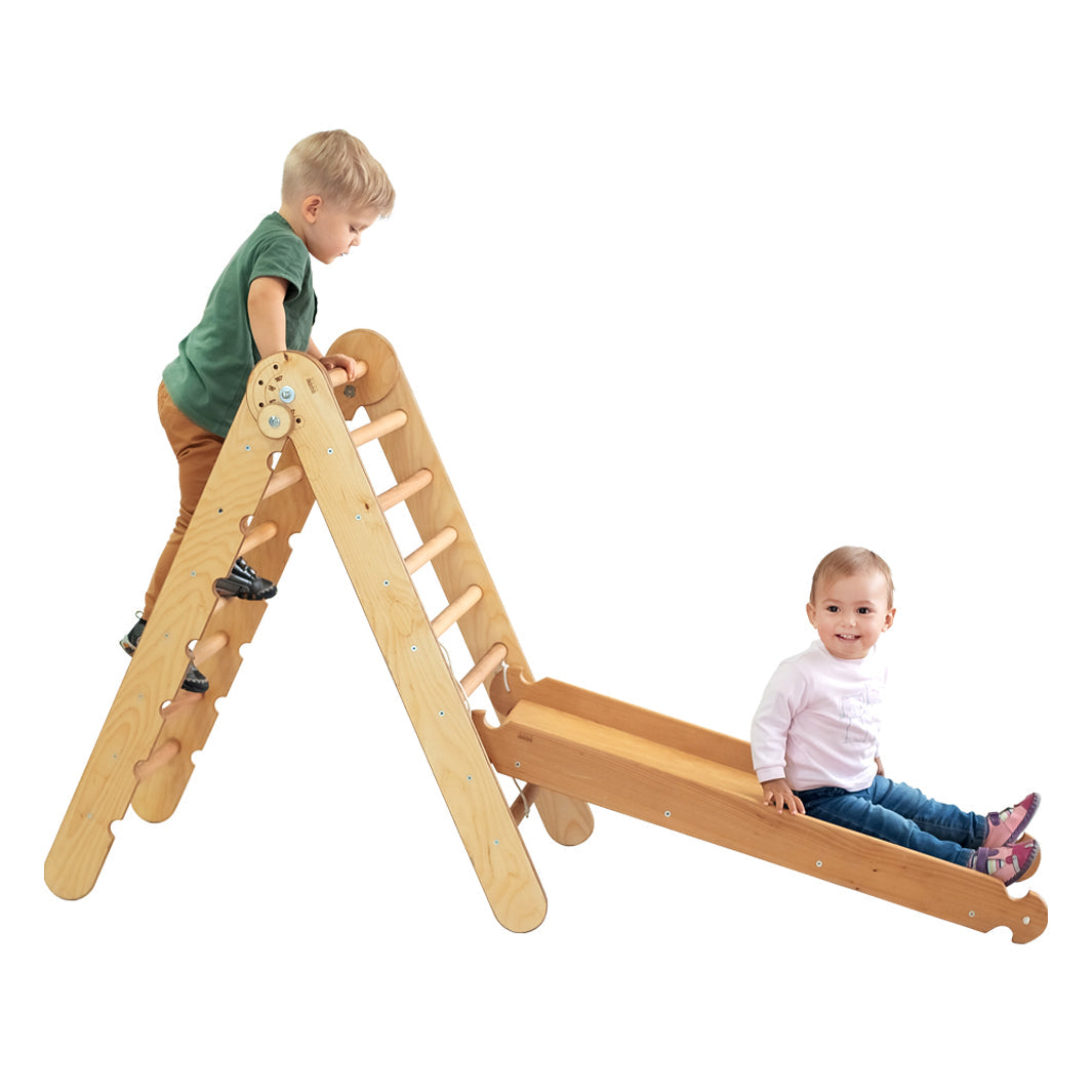 2in1 Montessori Climbing Set: Triangle Ladder + Slide Board/Ramp – Beige