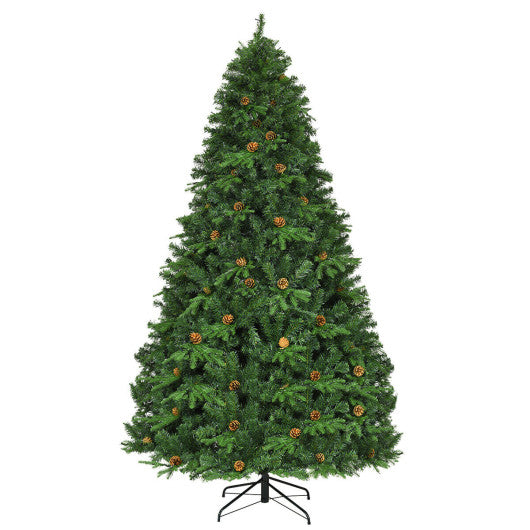 Flocked Artificial Christmas Tree with LED Lights and Pine Cones-8'