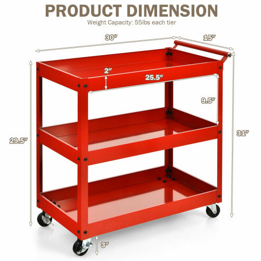 3-Tier Utility Cart Metal Mental Storage Service Trolley-Red