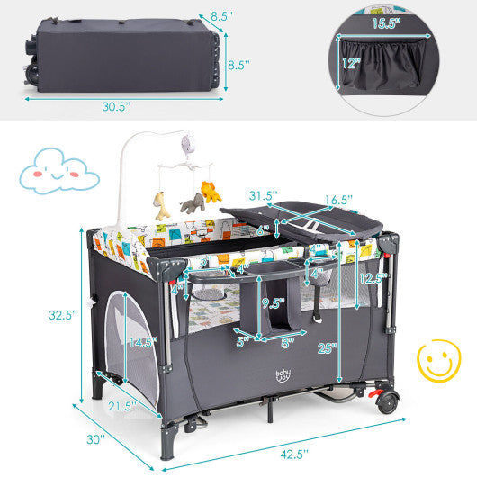 5-in-1 Baby Nursery Center Foldable Toddler Bedside Crib with Music Box