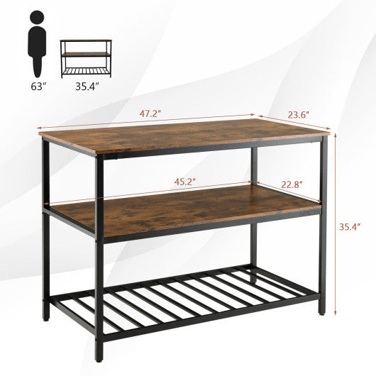 3 Shelves Kitchen Island Industrial Prep Table with Bottom Wine Rack-Rustic Brown