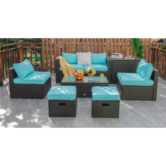 8 Pieces Patio Space-Saving Rattan Furniture Set with Storage Box and Waterproof Cover-Turquoise