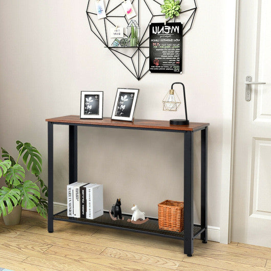 Metal Frame Wood Console Sofa Table with Storage Shelf-Black