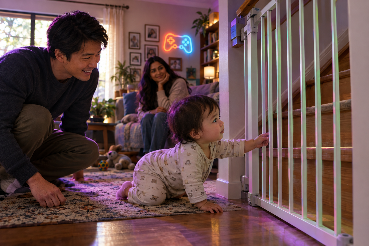 Crawling baby at a white safety gate on the stairs with parents nearby in a neon-accented home