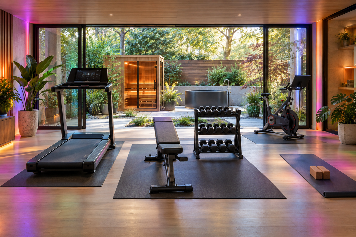 Health & Fitness collection image featuring home gym equipment with a sauna and cold plunge wellness area