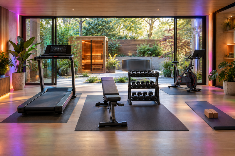 Health & Fitness collection image featuring home gym equipment with a sauna and cold plunge wellness area