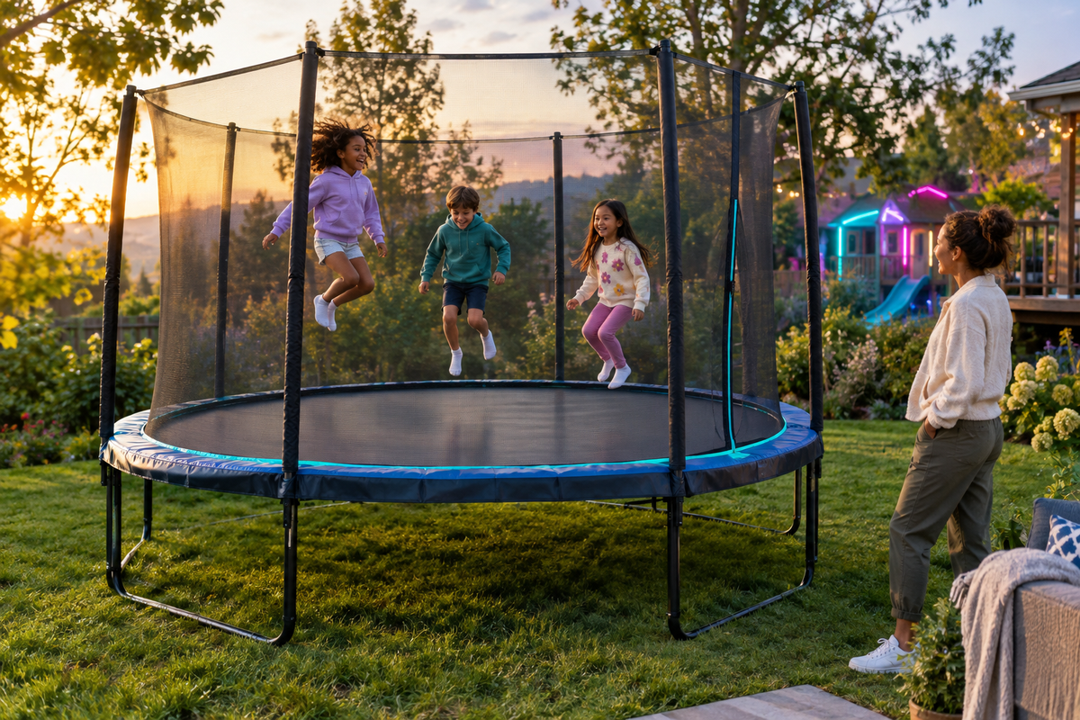 Kids bouncing on a backyard trampoline