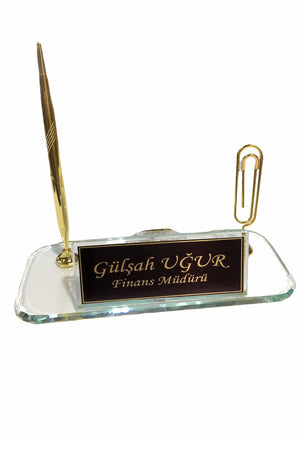 MOOG  Black Glass Desk Name Plate With Clock