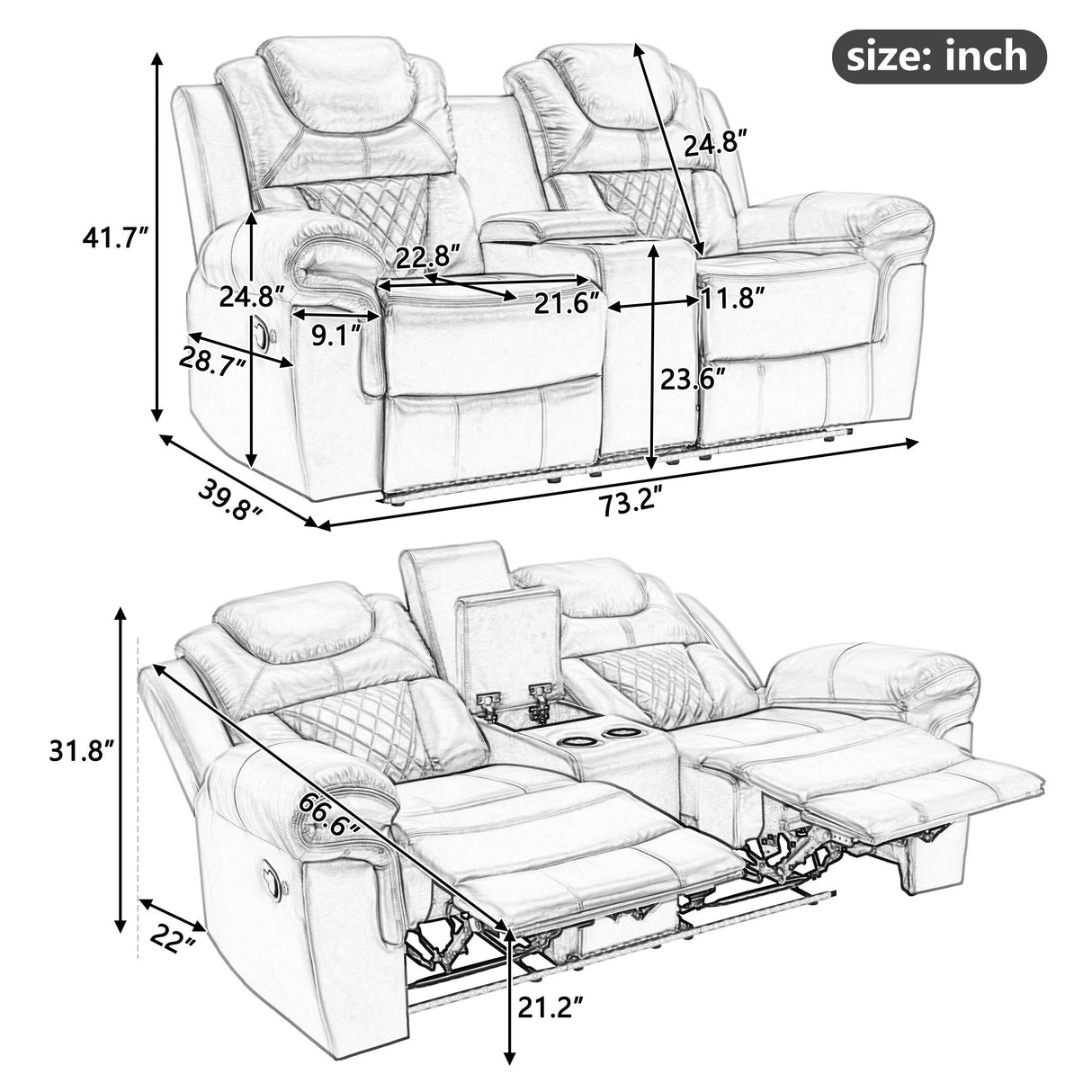 Home Theater Seating Manual Recliner Loveseat With Hide-Away Storage, Cup Holders And Led Light Strip For Living Room by Couch.com