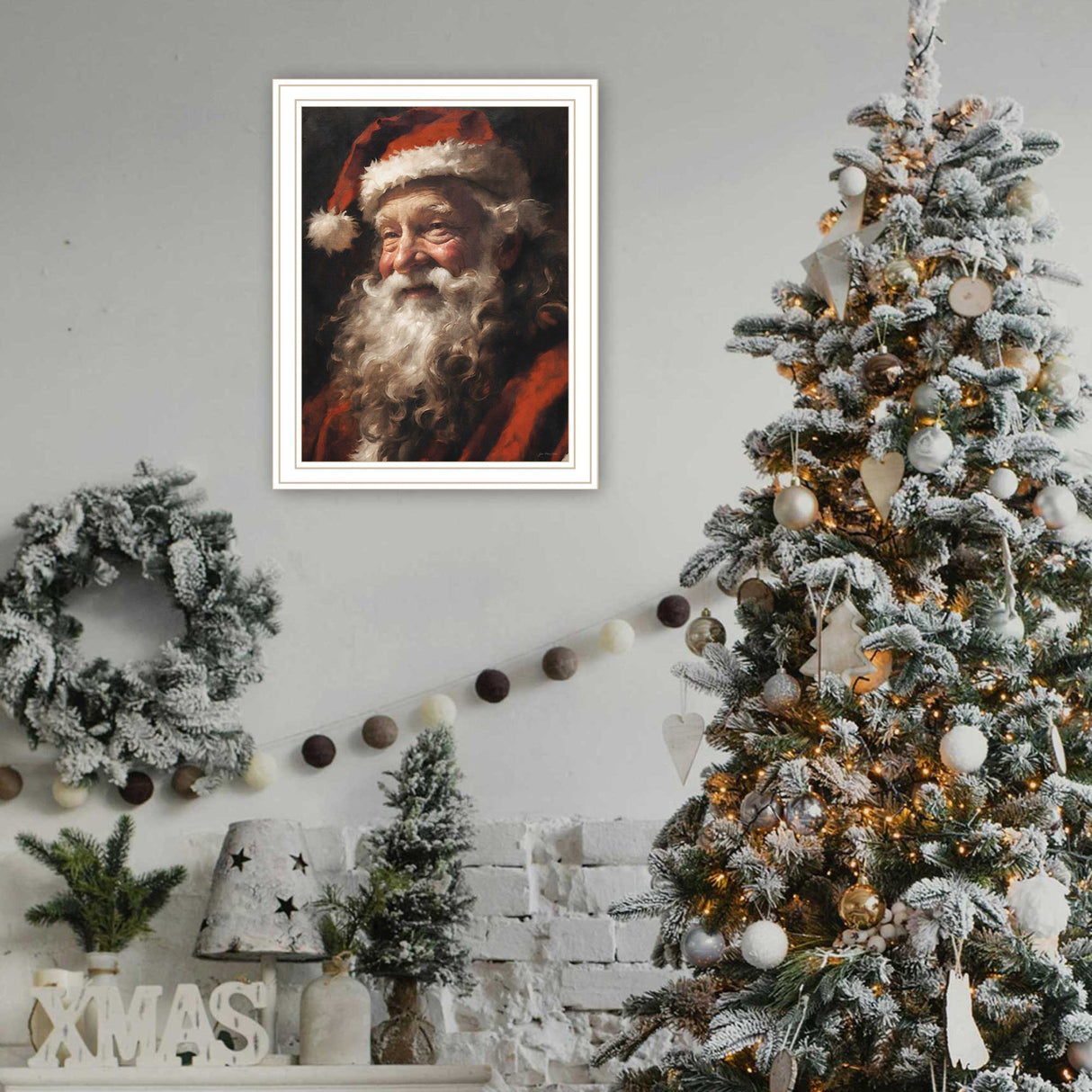 Trendy Decor 4U Papa Noel White Framed Wall Art for Living Room