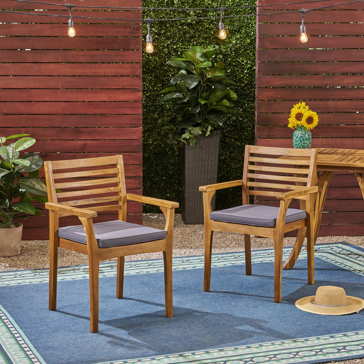 Outdoor Dining Chair With Slat Back And Acacia Wood Frame (Set of 2) - Gray / Teak