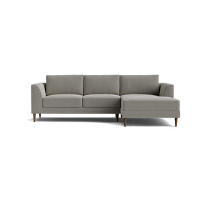 Dekayess Chaise 98" Sectional with gray upholstery features three cushions and a right-side chaise. It has short wooden legs, boasting a clean, modern design, and is displayed against a plain white background.