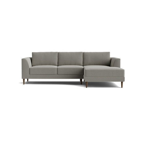 Dekayess Chaise 98" Sectional with gray upholstery features three cushions and a right-side chaise. It has short wooden legs, boasting a clean, modern design, and is displayed against a plain white background.