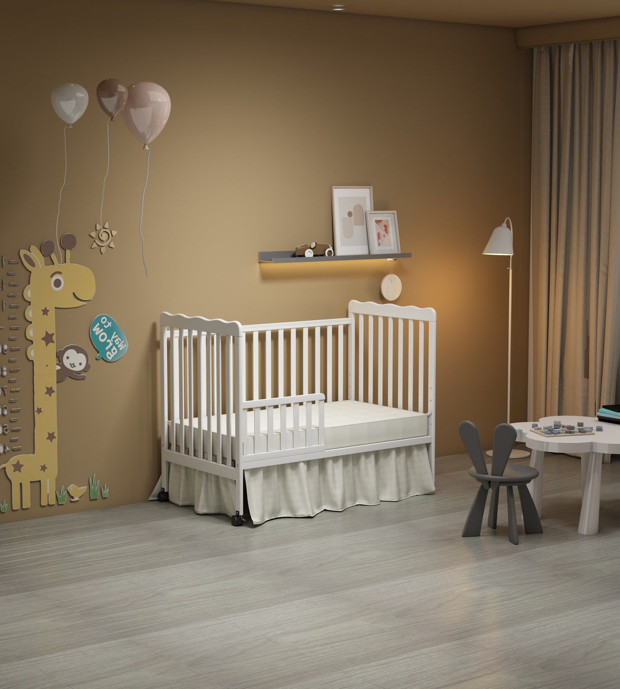 Crib 3 In 1 Convertible, Made Of Sustainable Pinewood, Non Toxic Finish, Comes With Locking Wheels, Wooden Nursery Furniture by Couch.com