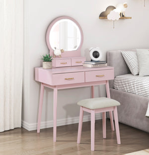 Beautiful Pink Finish Vanity Dresser with Mirror and Stool Set Storage Drawers Bedroom Furniture 1pc