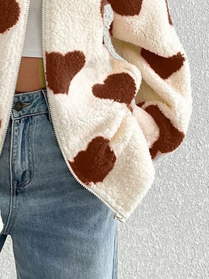 Cute Heart Zip Up Drop Shoulder Furry Jacket Cozy & Trendy Cold-Weather Essential Warm Soft Winter Jacket For Your Girl