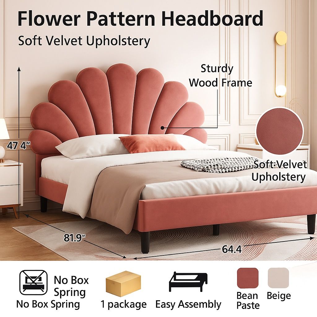 Upholstered Platform Bed With Flower Pattern Headboard