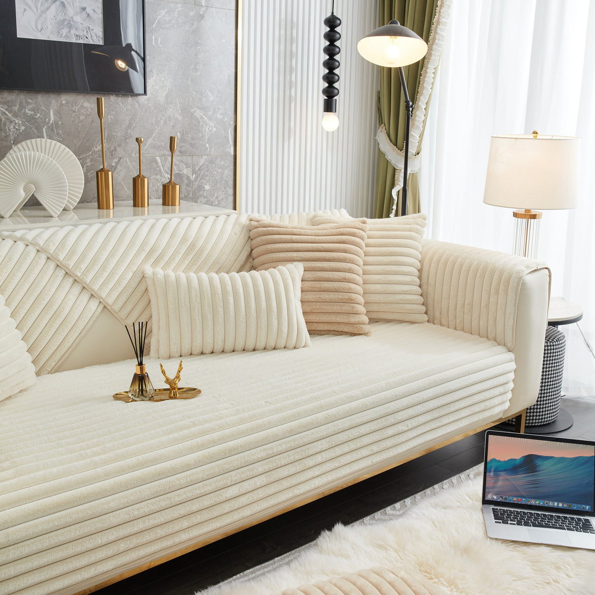 Winter Thickened Rabbit Plush Non-slip Sofa Cushion, Faux Fur Fluffy Furniture Protector